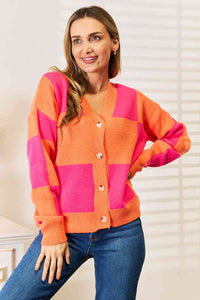 Thumbnail for Woven Right Checkered V-Neck Dropped Shoulder Cardigan