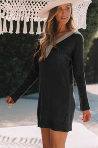 Thumbnail for V-Neck Long Sleeve Mini Sweater Dress