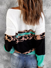 Thumbnail for Leopard Color Block V-Neck Rib-Knit Sweater