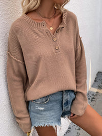 Thumbnail for Buttoned Exposed Seam High-Low Sweater