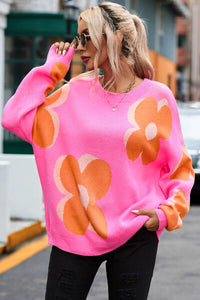 Thumbnail for Flower Round Neck Dropped Shoulder Sweater