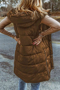Thumbnail for Longline Hooded Sleeveless Puffer Vest