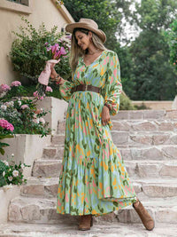 Thumbnail for Printed Tie Neck Long Sleeve Maxi Dress