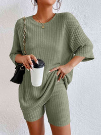 Thumbnail for Ribbed Round Neck Top and Shorts Set