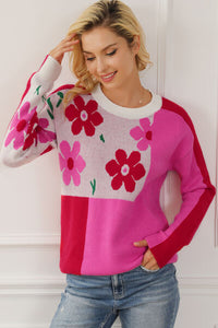 Thumbnail for Floral Round Neck Dropped Shoulder Sweater