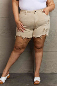 Thumbnail for RISEN Katie Full Size High Waisted Distressed Shorts in Sand