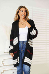Thumbnail for Double Take Striped Rib-Knit Drop Shoulder Open Front Cardigan