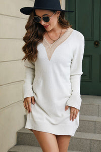 Thumbnail for V-Neck Long Sleeve Mini Sweater Dress