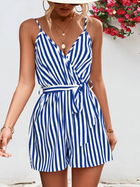 Thumbnail for Striped Tie Waist Spaghetti Strap Romper