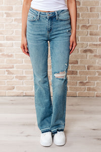 Thumbnail for Isla Mid Rise Distressed Released Hem Bootcut Jeans