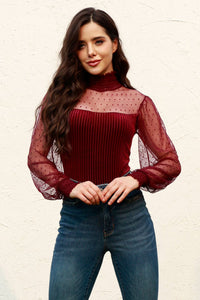 Thumbnail for Mesh Long Sleeve Velvet Bodysuit