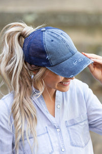 Thumbnail for Distressed Messy Bun Hat Cap