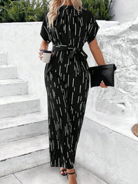 Thumbnail for Tied Printed Mock Neck Wide Leg Jumpsuit