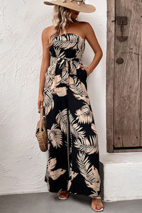 Thumbnail for Printed Strapless Wide Leg Jumpsuit with Pockets