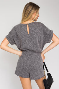 Thumbnail for Short Roll-Up Sleeve Elastic Waist Romper