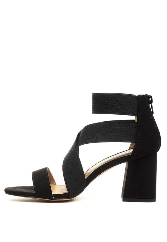 BENICIA ELASTIC STRAPPY BLOCK HEEL SANDALS