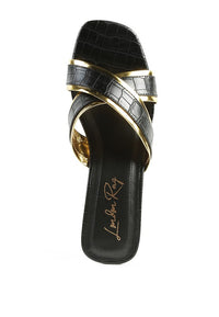 Thumbnail for STELLAR GOLD LINE CROC TEXTURED LOW HEEL SANDALS