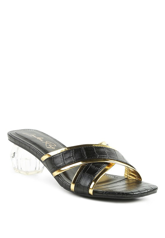 STELLAR GOLD LINE CROC TEXTURED LOW HEEL SANDALS