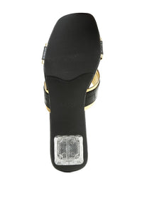 Thumbnail for STELLAR GOLD LINE CROC TEXTURED LOW HEEL SANDALS