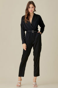 Thumbnail for Belted Waist Collared Satin Jumpsuit