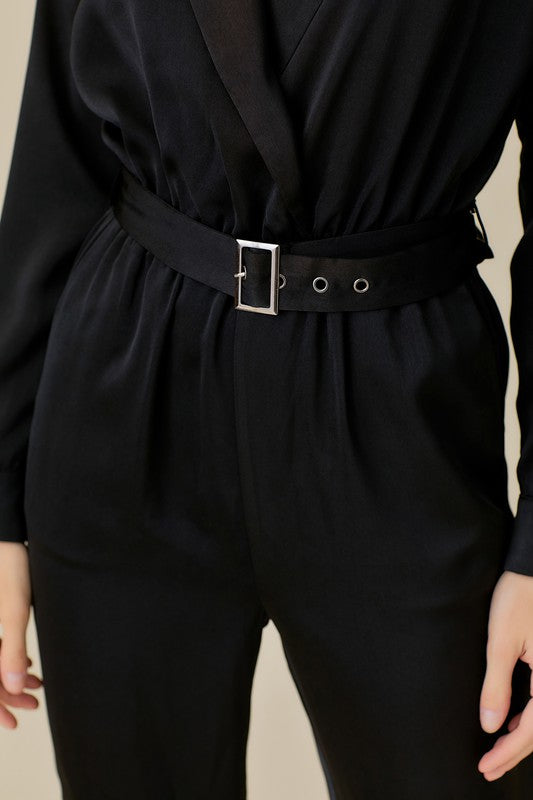 Belted Waist Collared Satin Jumpsuit