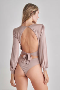 Thumbnail for Romantic V-Neck Balloon Sleeve Tie-Back Bodysuit