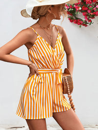 Thumbnail for Striped Tie Waist Spaghetti Strap Romper