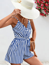 Thumbnail for Striped Tie Waist Spaghetti Strap Romper