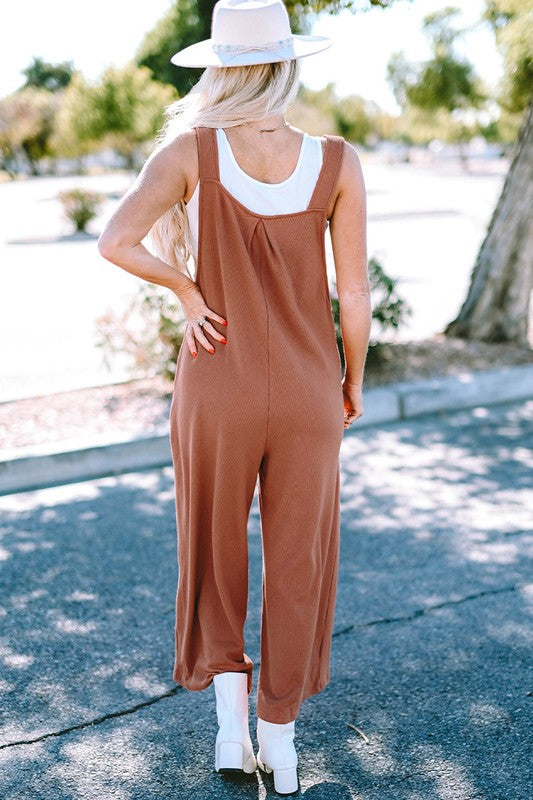 Women Buttoned Straps Ruched Wide Leg Jumpsuit