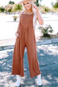 Thumbnail for Women Buttoned Straps Ruched Wide Leg Jumpsuit