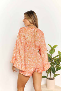 Thumbnail for Double Take Printed Flare Sleeve Surplice Romper