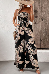 Thumbnail for Printed Strapless Wide Leg Jumpsuit with Pockets
