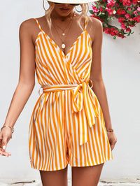 Thumbnail for Striped Tie Waist Spaghetti Strap Romper