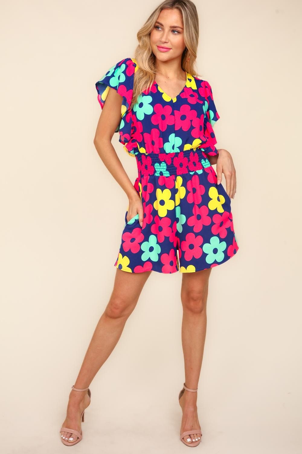 Haptics Floral Smocked Waist Romper with Side Pockets