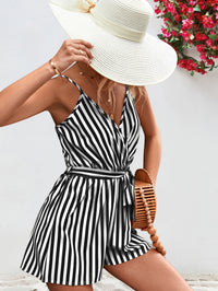 Thumbnail for Striped Tie Waist Spaghetti Strap Romper