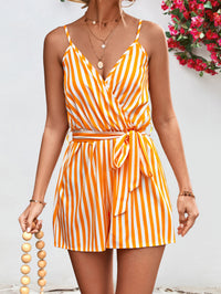 Thumbnail for Striped Tie Waist Spaghetti Strap Romper