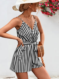 Thumbnail for Striped Tie Waist Spaghetti Strap Romper