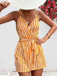 Thumbnail for Striped Tie Waist Spaghetti Strap Romper