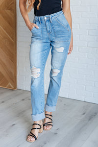 Thumbnail for Aiden High Rise Patch Pocket Distressed Boyfriend Jeans