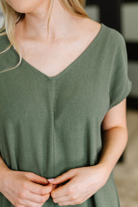 Thumbnail for Barely Trying V-Neck Relaxed Dress in Gray Green
