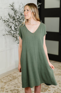 Thumbnail for Barely Trying V-Neck Relaxed Dress in Gray Green