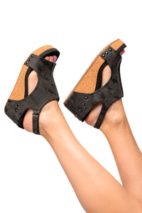 Thumbnail for Carley Wedge Sandals in Black Metallic