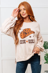 Thumbnail for Cow Girl Graphic Pullover in Stone