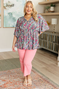 Thumbnail for Dreamer Peplum Top in Grey and Pink Floral