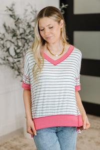Thumbnail for Dressed to Chill V-Neck Top in Heather/Grey/Ivory/Pink