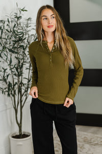 Thumbnail for Effortless Edge Knit Henley Top in Camo Green