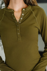 Thumbnail for Effortless Edge Knit Henley Top in Camo Green