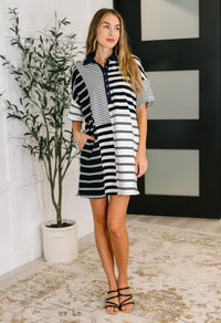 Thumbnail for Everlasting Love Striped Collared Dress in Black and Navy