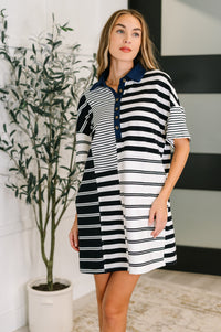 Thumbnail for Everlasting Love Striped Collared Dress in Black and Navy