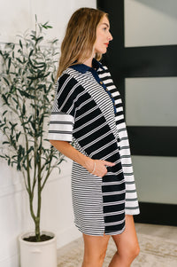 Thumbnail for Everlasting Love Striped Collared Dress in Black and Navy
